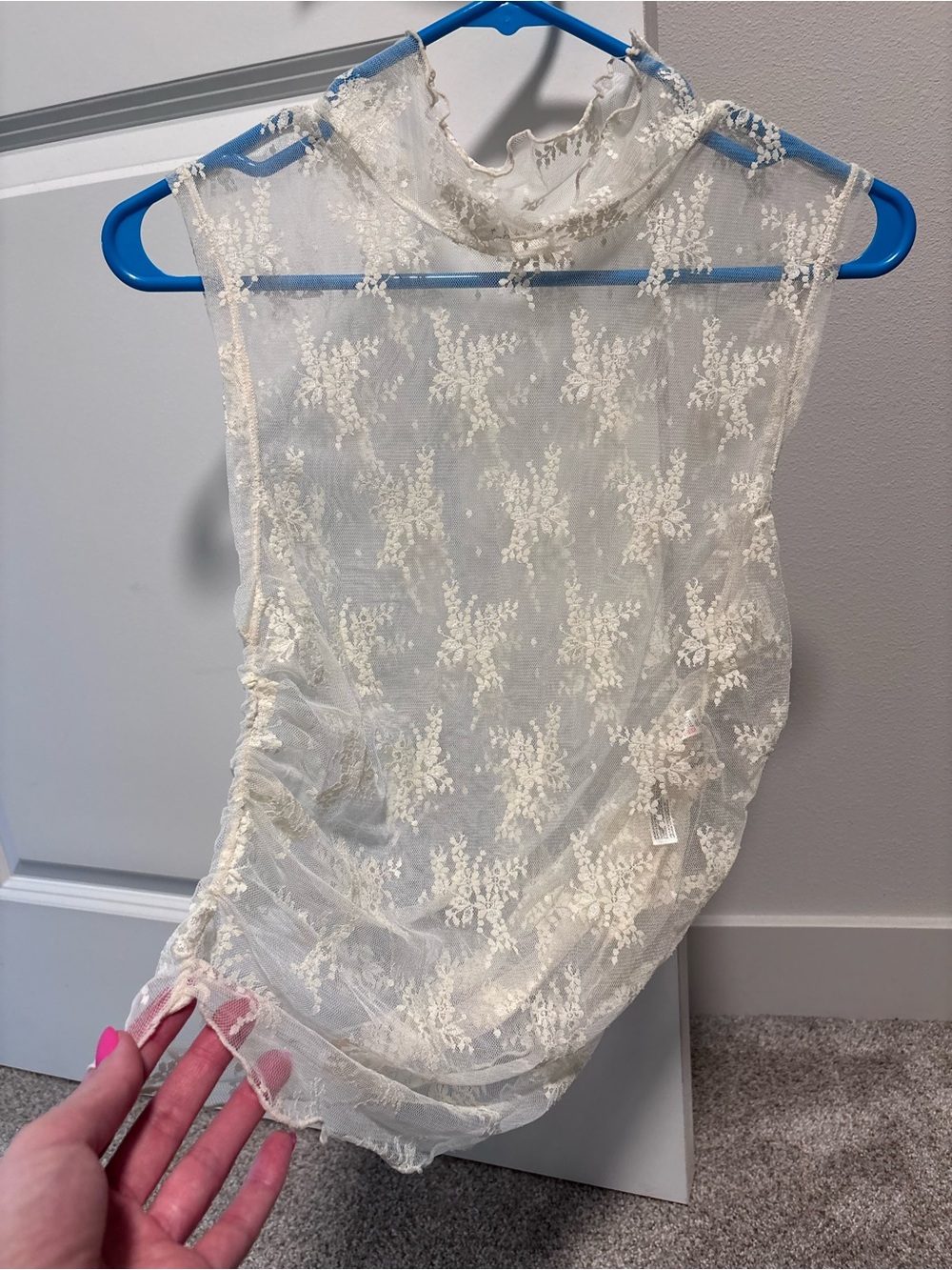 Free People Sheer Floral Lace High Neck Top in Cream